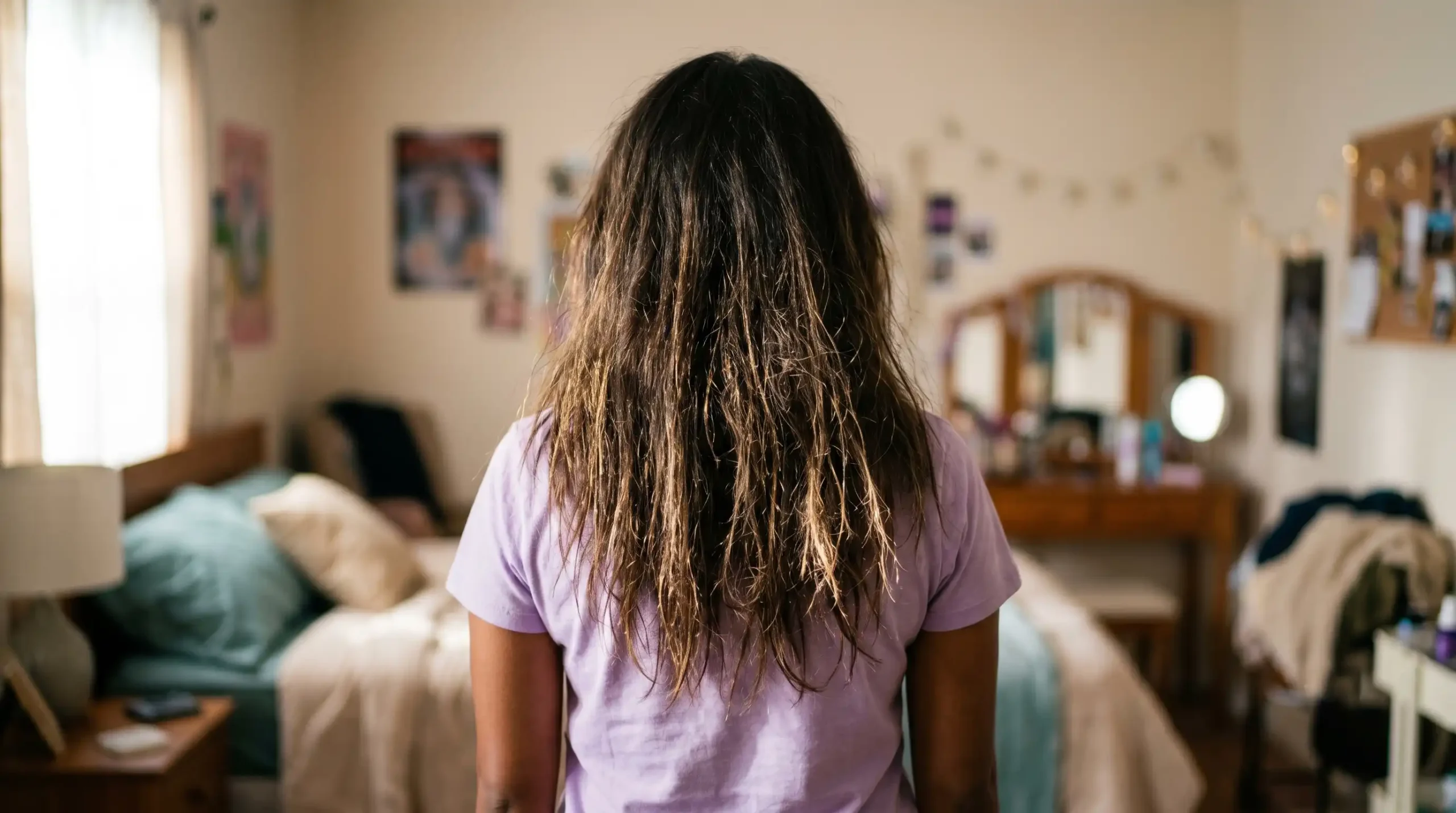 Antes: Cabello estancado, opaco, con frizz y puntas abiertas.